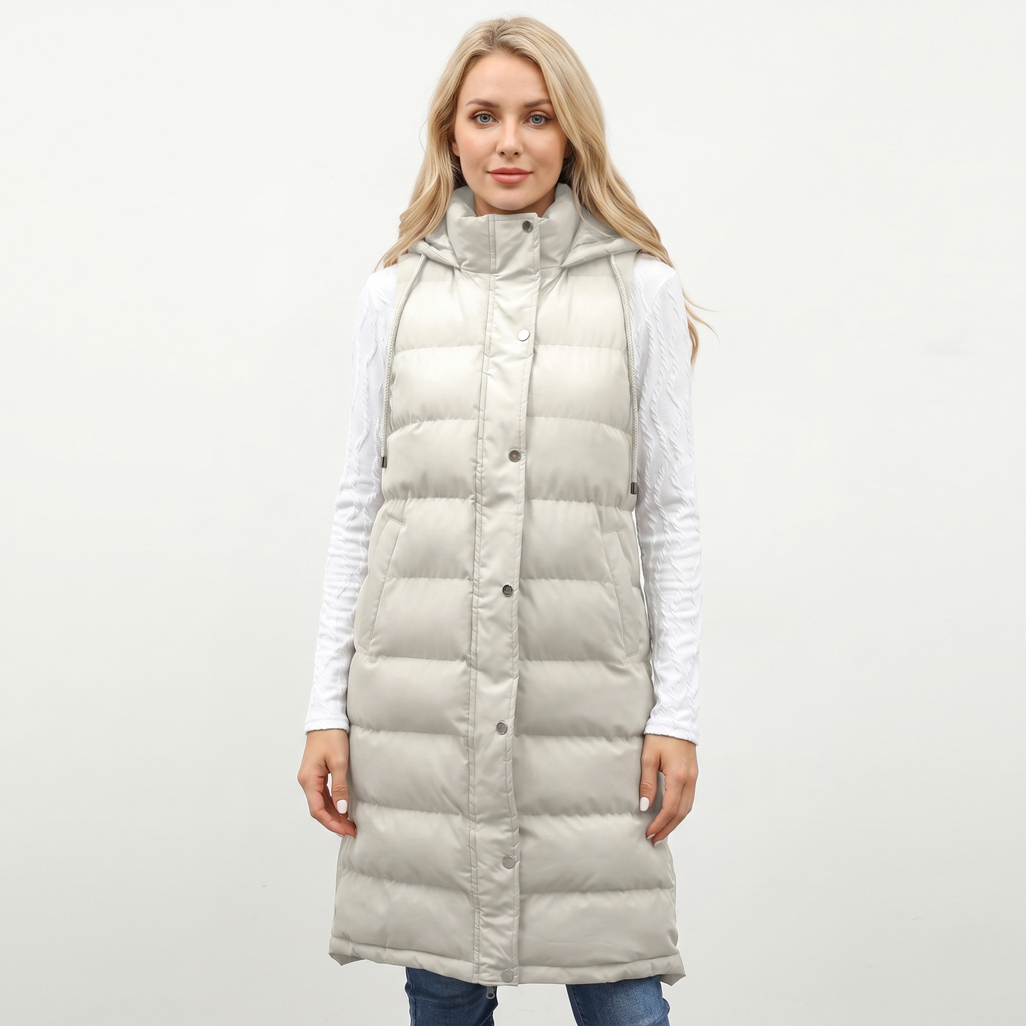 Womens Longline Puffer Vest – Hooded Quilted Snap Front