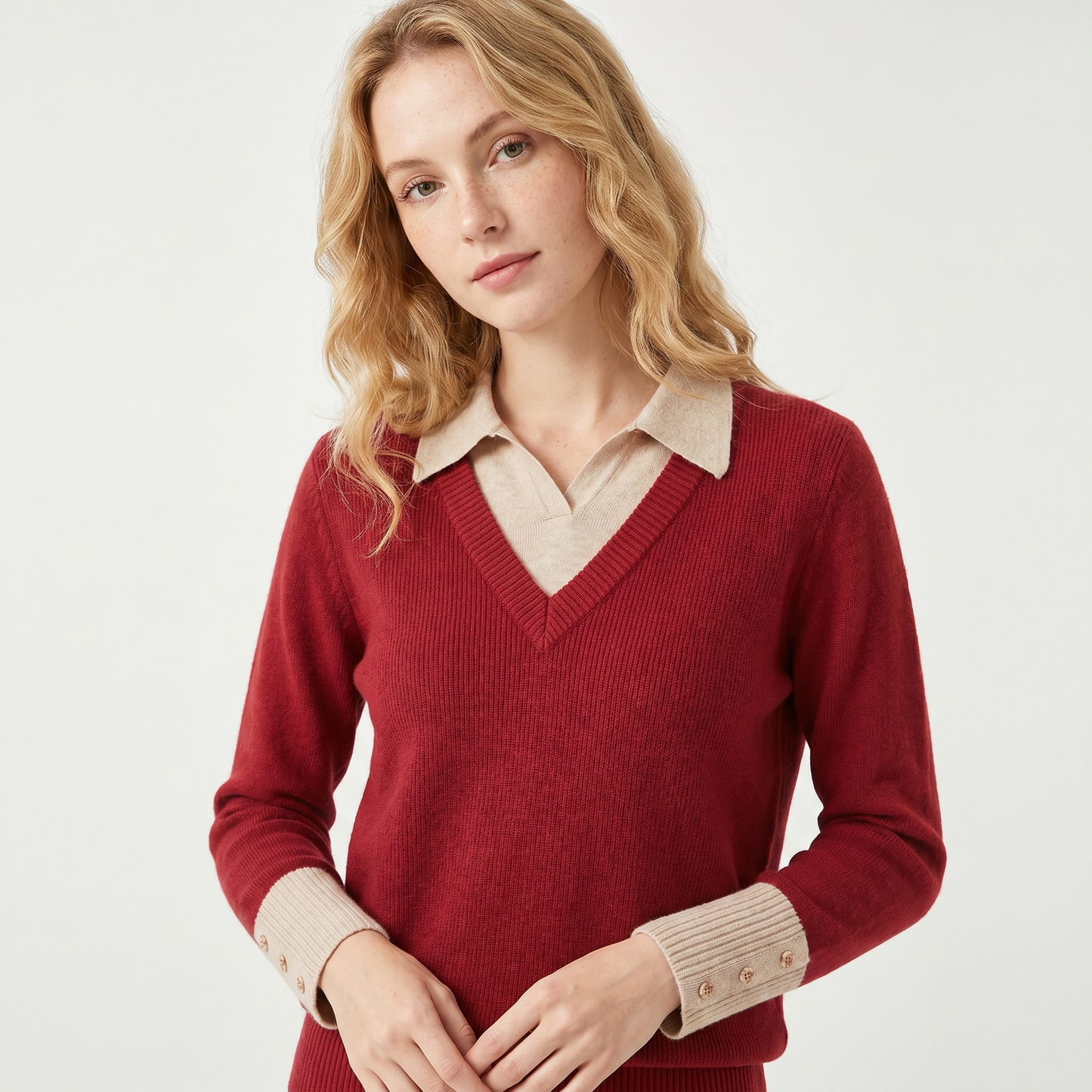 Womens Sweater – V Neck Faux Layered Shirt Collar