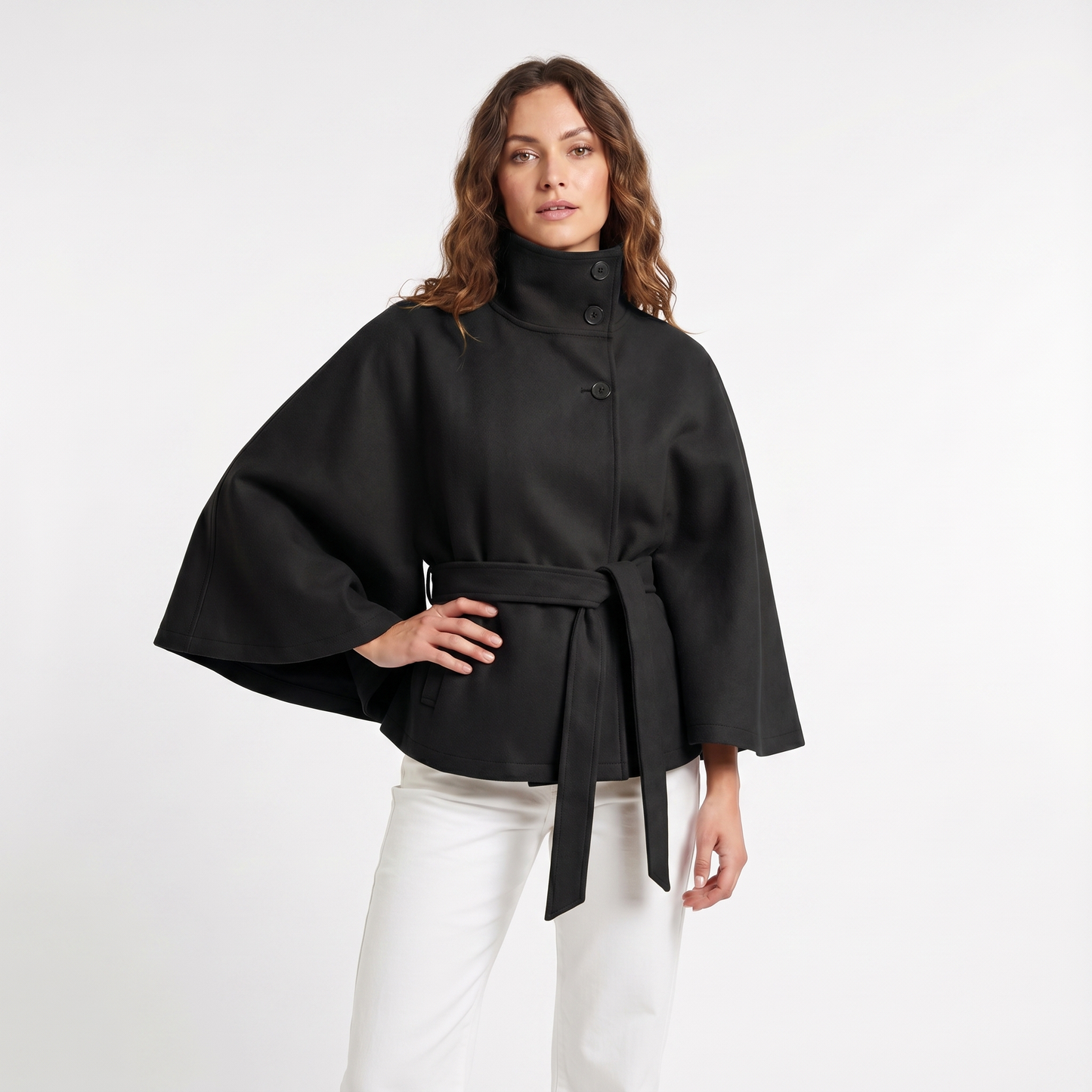 Women's Cape Jacket – Belted Wool-Look Funnel Neck Cropped
