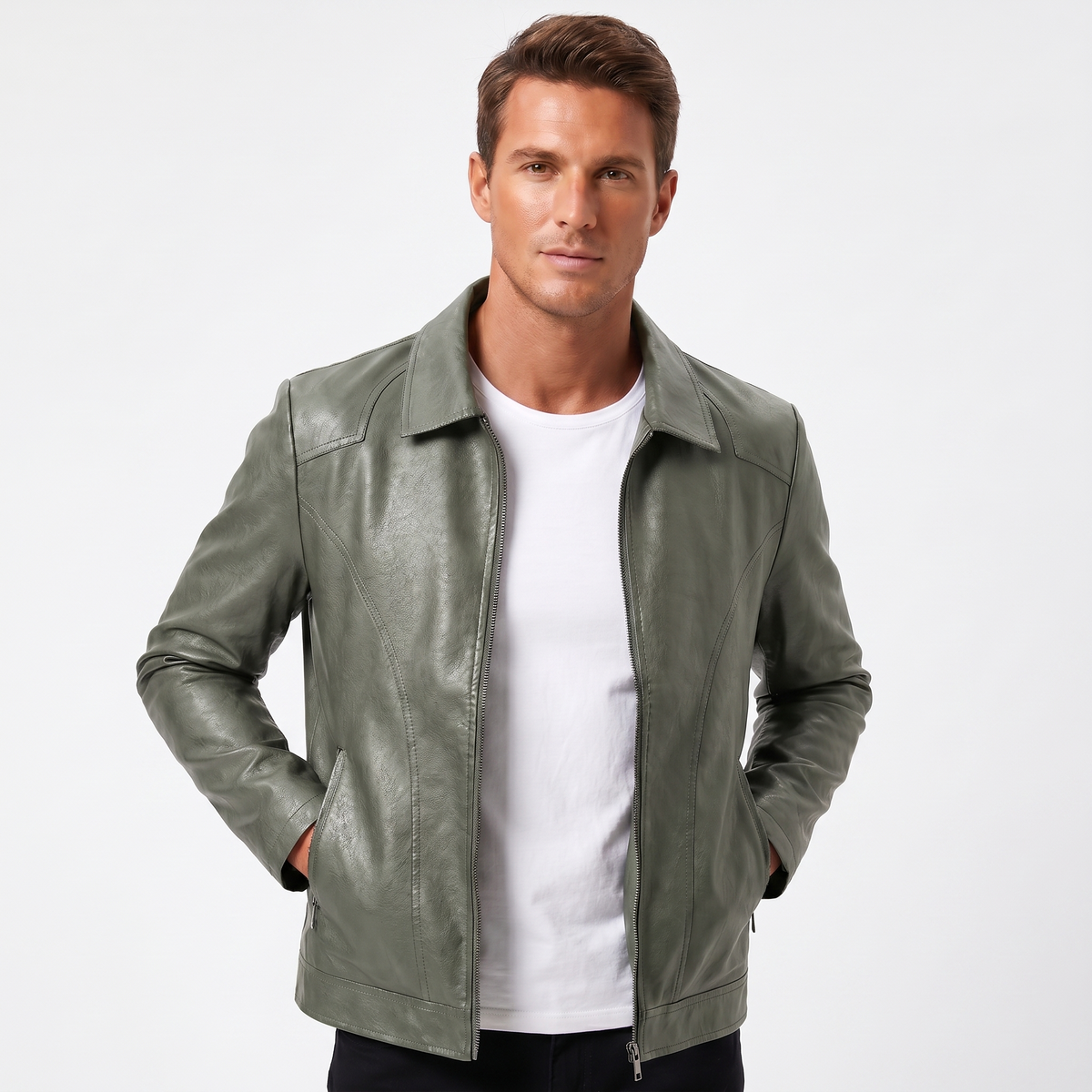 Men's Leather Jacket – Point Collar Zip-Up Relaxed Fit