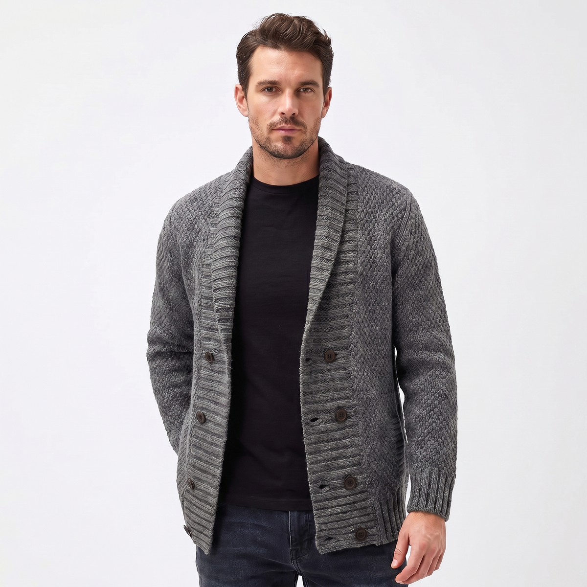 Men's Shawl Cardigan – Mixed Stitch Double-Button Open Front Knit