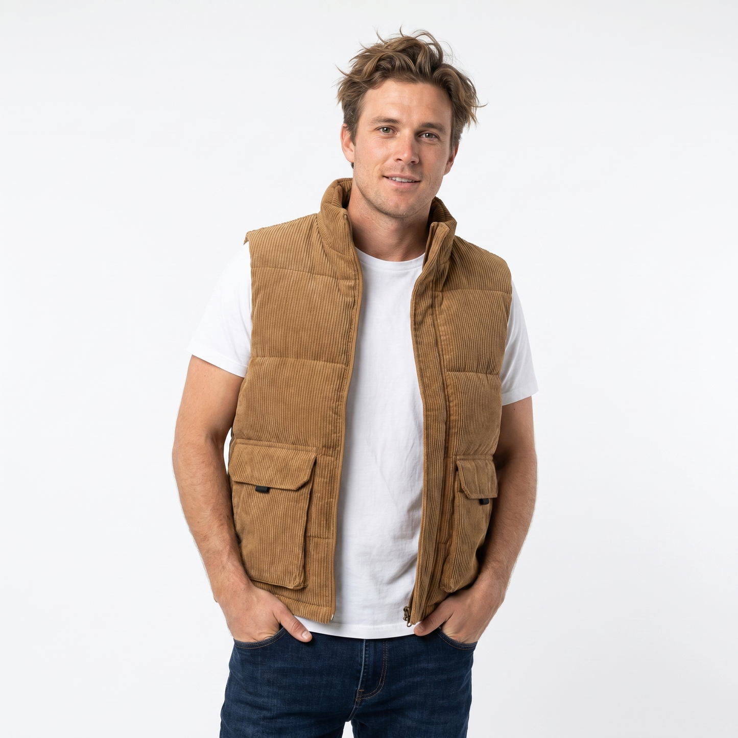 Men's Corduroy Vest – Wide Wale Puffer Cargo Pocket Zip-Up