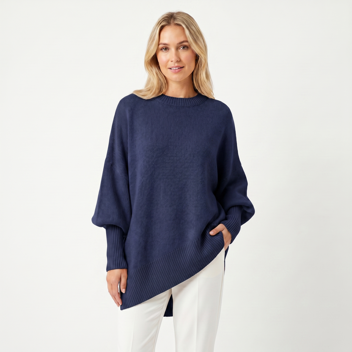 Women's Oversized Batwing Sweater – Asymmetric Hem Ribbed Crew Neck