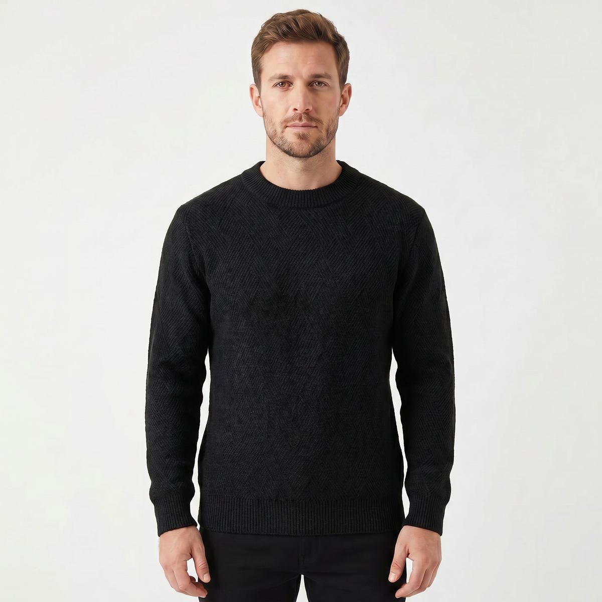 Men's Crew Neck Sweater – Diamond Jacquard Knit Fitted Rib Hem