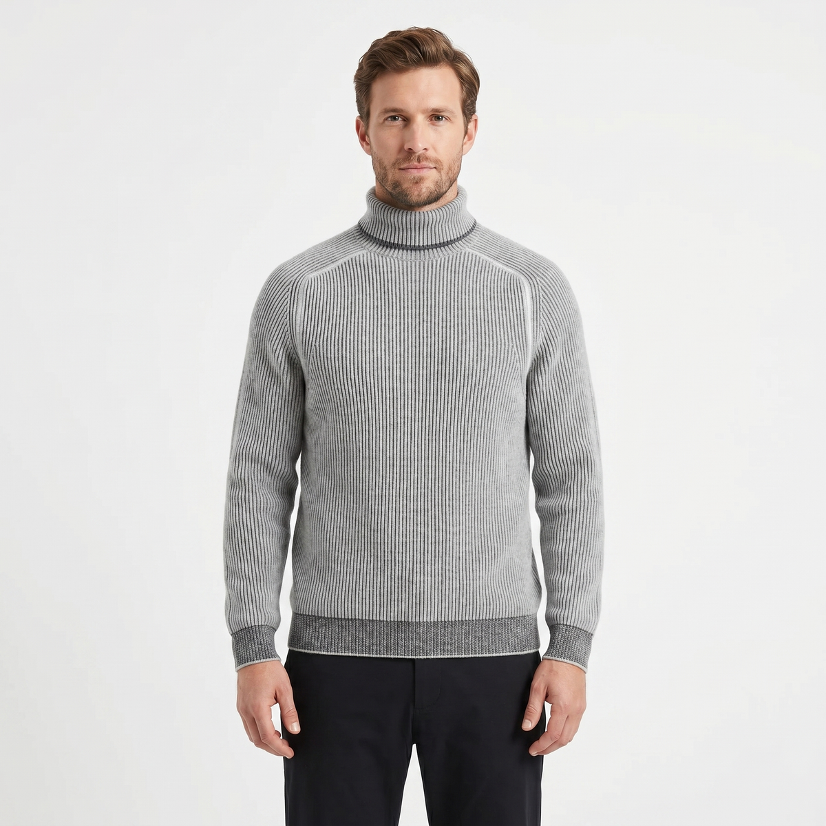Mens Turtleneck Sweater – Ribbed Knit Contrast Trim