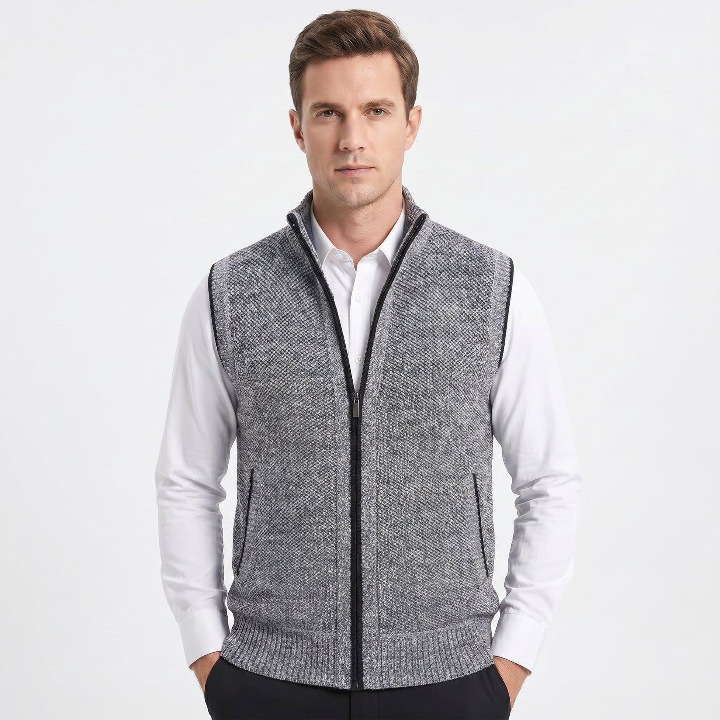 Men's Knit Zip Vest – Full-Zip Stand Collar Textured Knit