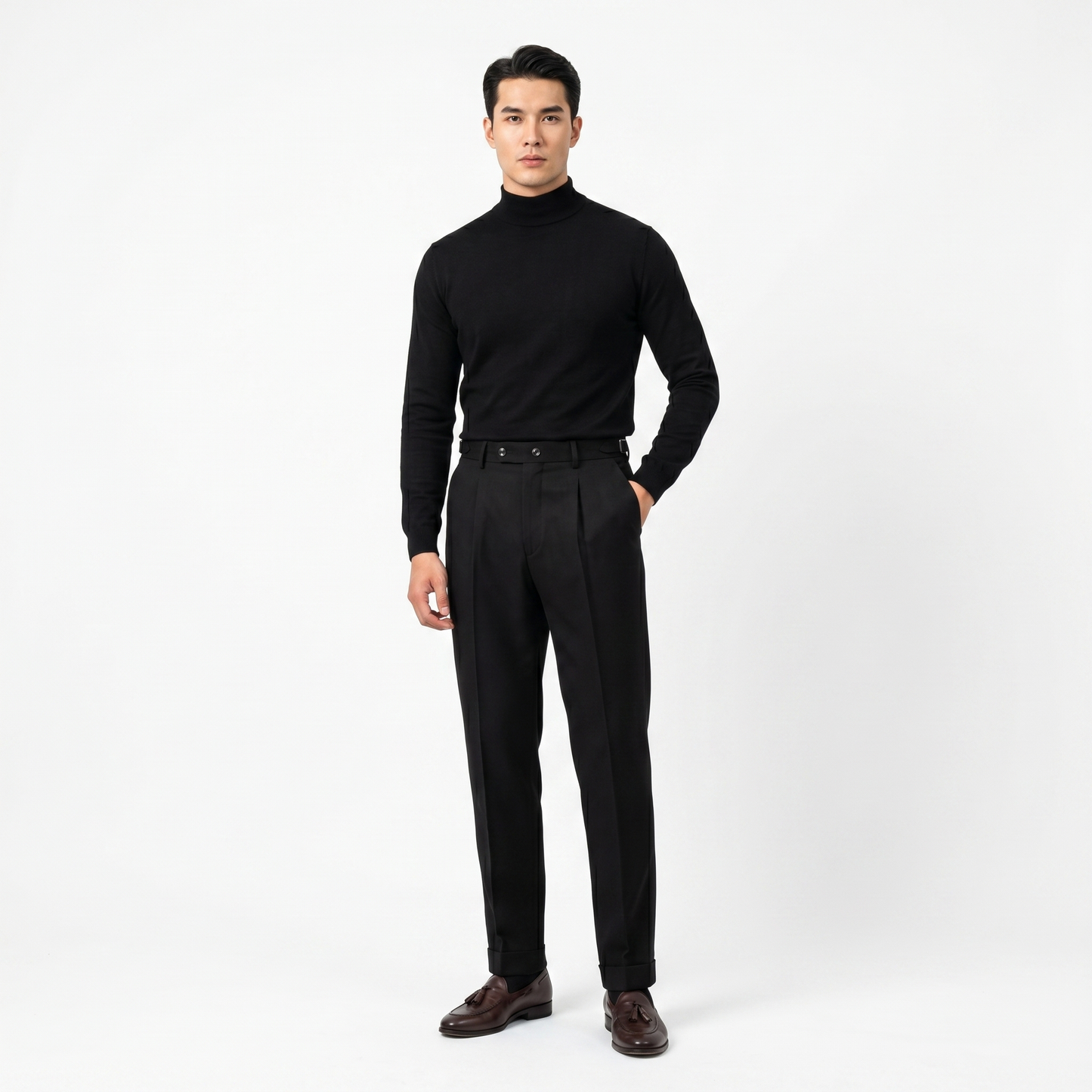 Men's Pleated Wool Blend Pants Tapered Leg Cuffed Hem Smart Casual Dress Pants