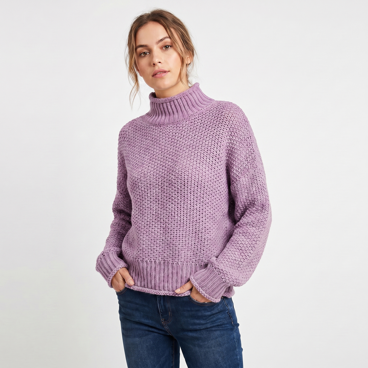 Women's Chunky Knit Mock Neck Sweater Oversized Waffle Stitch Pullover Sweater