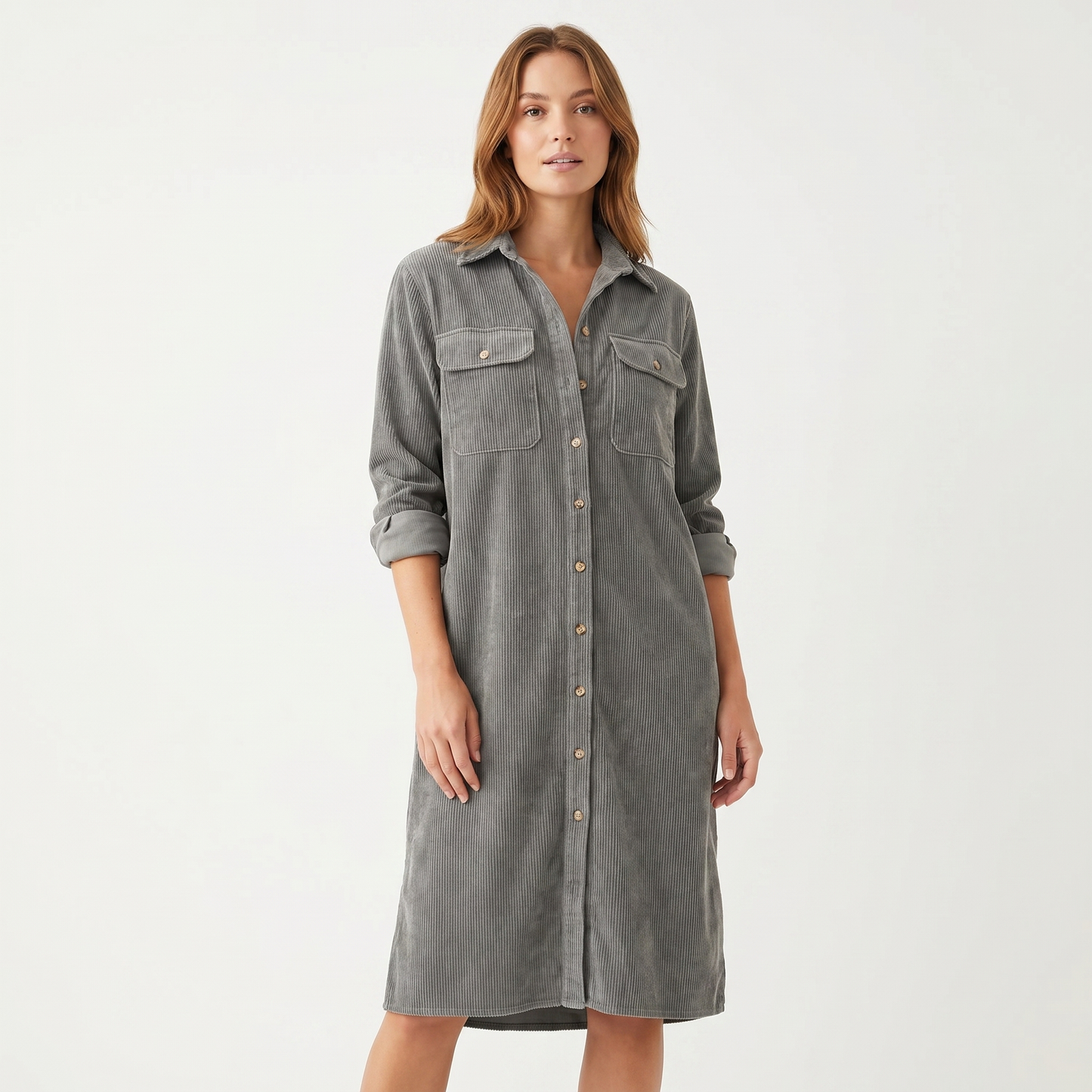 Women's Corduroy Shirt Dress Midi Length Button Front Long Sleeve Casual Dress