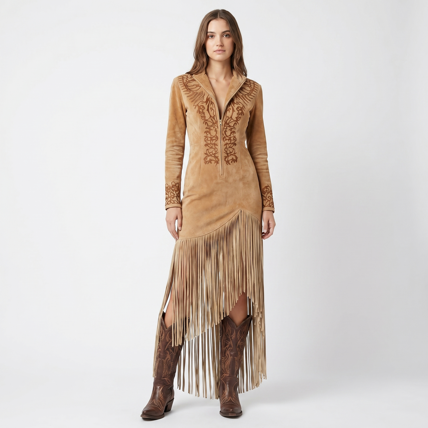 Women's Suede Fringe Western Dress Embroidered Zip Front Fitted Maxi Cowgirl