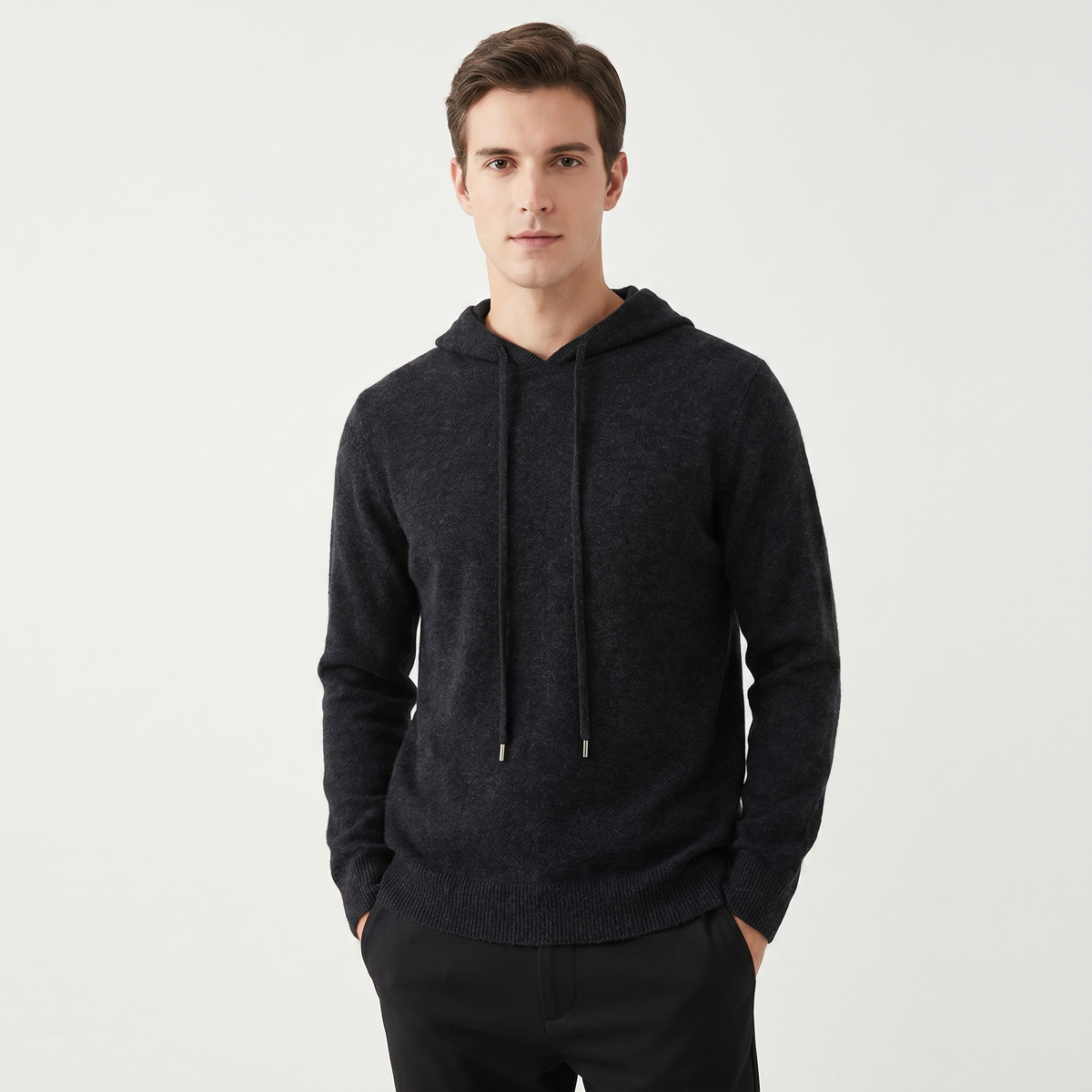 Men's Cashmere Blend Knit Hoodie Pullover Drawstring Fine Knit Luxury Sweater