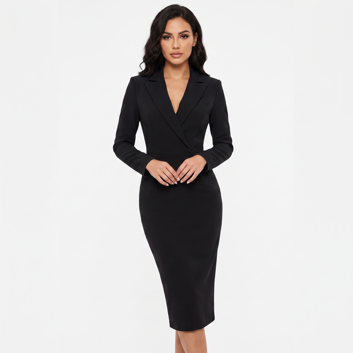 Women's Double Breasted Blazer Dress Long Sleeve Tailored Pencil Midi Dress