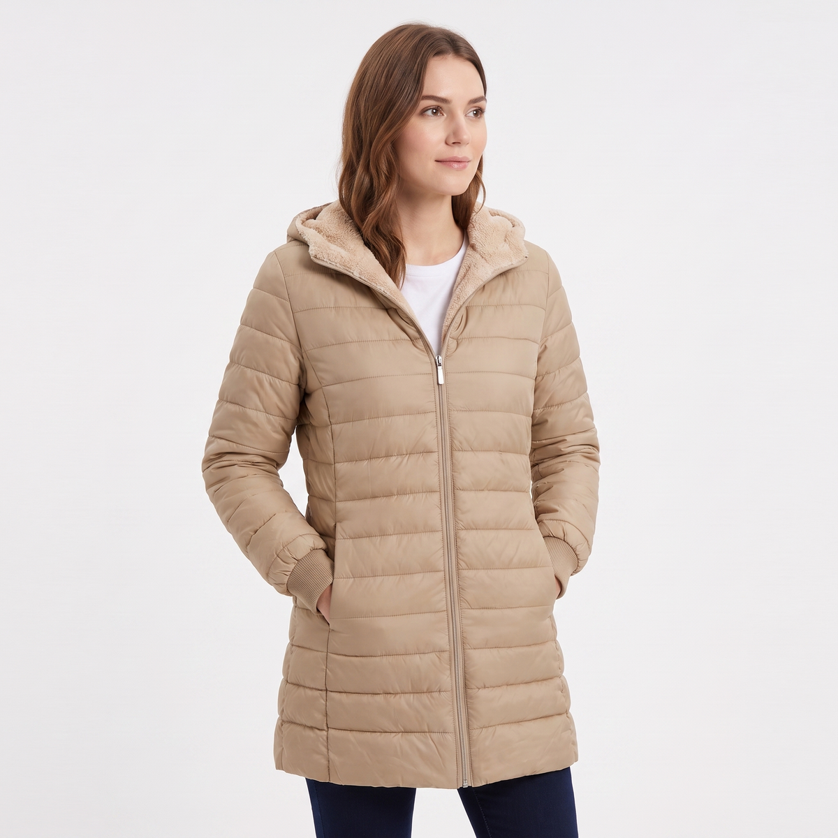 Women's Glossy Quilted Puffer Coat Sherpa Lined Hood Long Padded Jacket