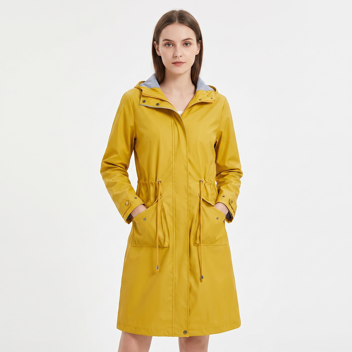 Women's Waterproof Longline Rain Coat Hooded Drawstring Waist Stripe Jacket