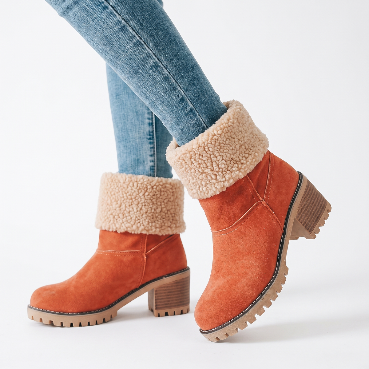 Women's Fur Cuff Ankle Boots Suede Block Heel Winter Booties