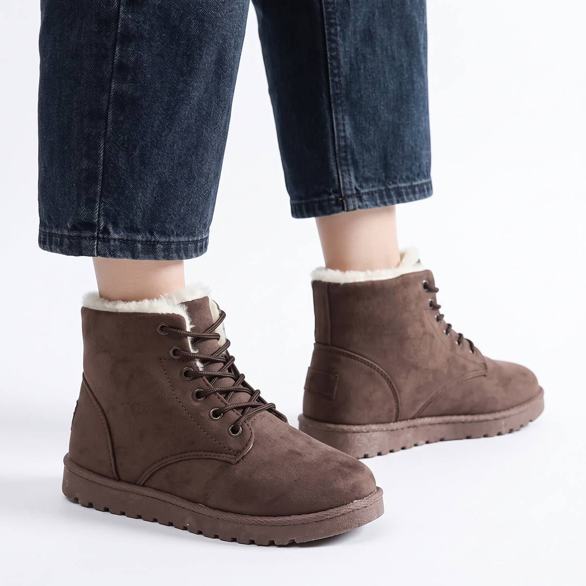 Women's Fur-Lined Snow Boots Lace-Up Flat Winter Ankle Boots