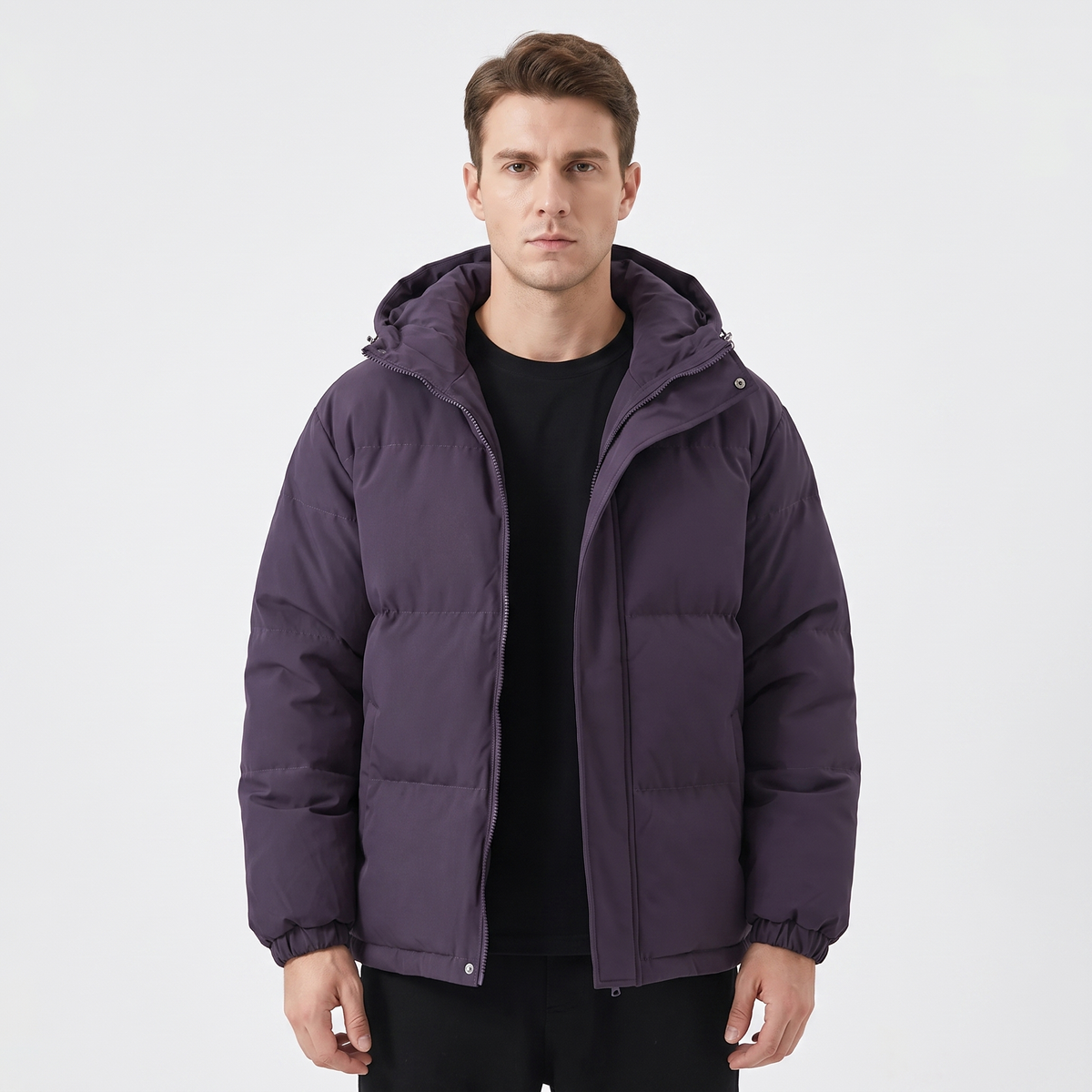 Men's Hooded Puffer Jacket Zip-Up Padded Winter Coat