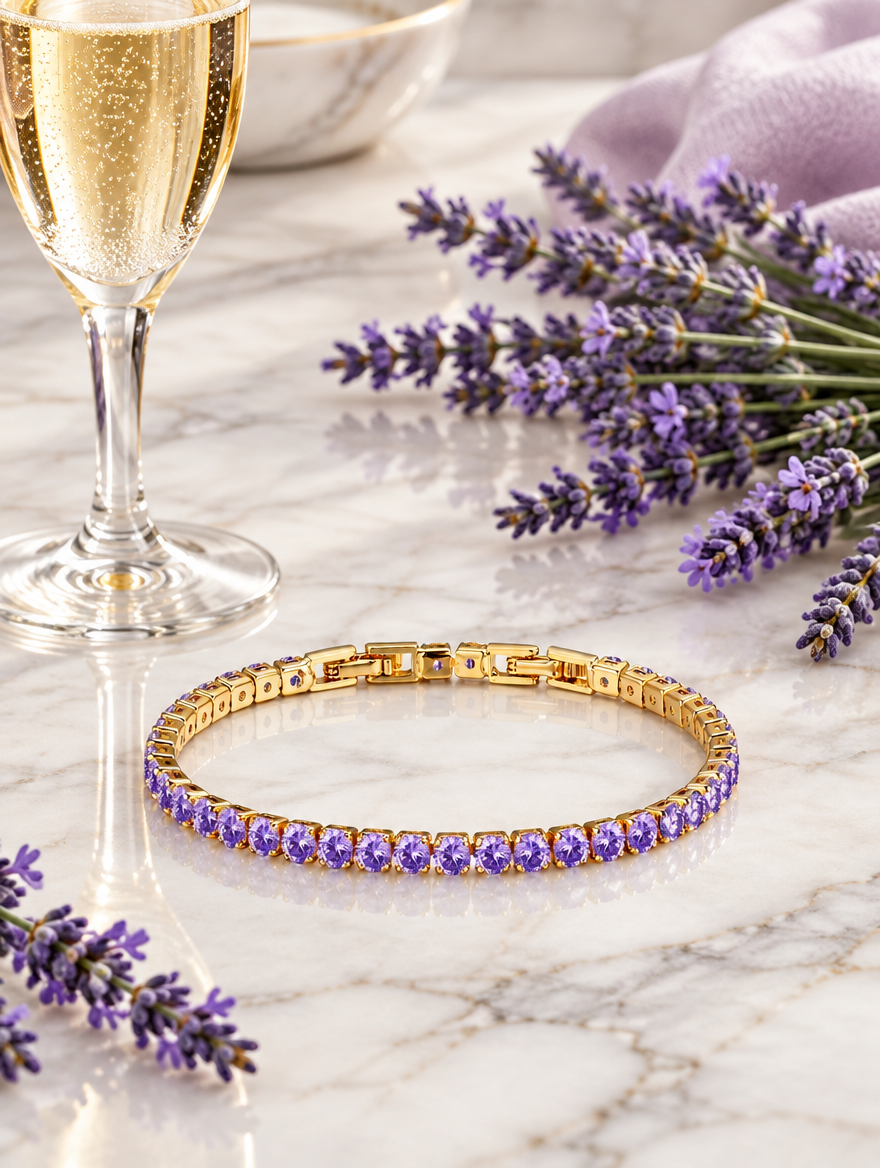Gold purple zirconia bracelet beside a champagne flute and lavender on marble