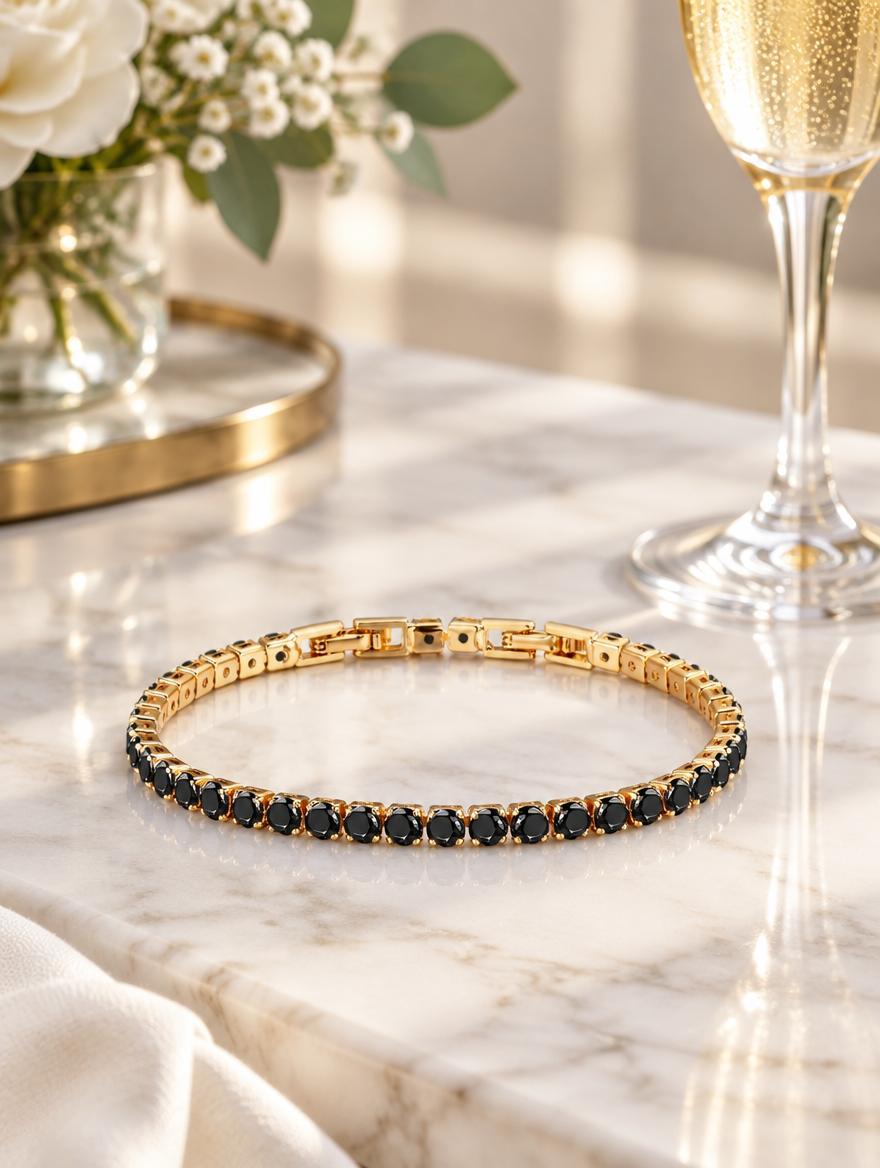 Gold black zirconia bracelet beside a champagne flute on white marble