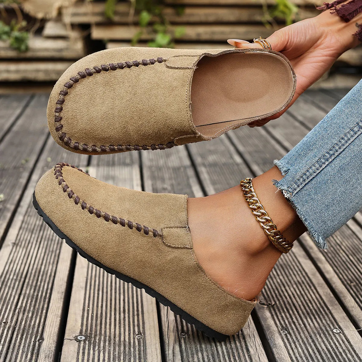Women's Suede Slip-On Loafers – Moc Toe Comfort Flats