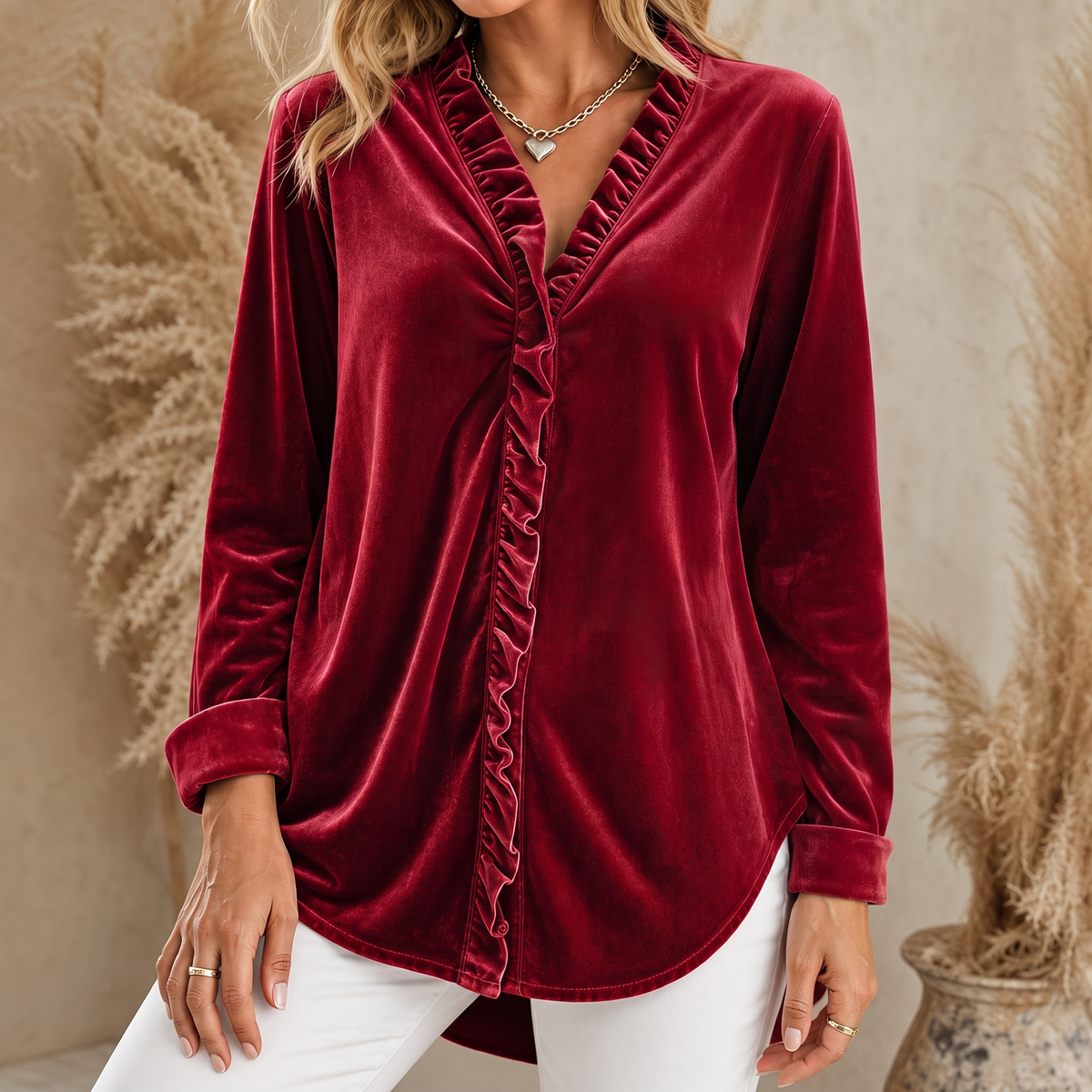 Women's Velvet Blouse – Ruffled V-Neck Top