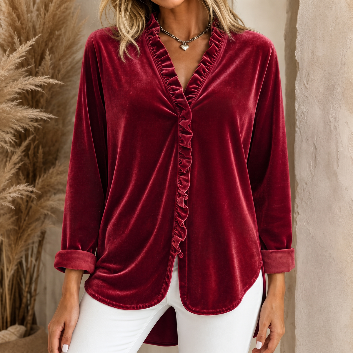 Women's Velvet Blouse – Ruffled V-Neck Top