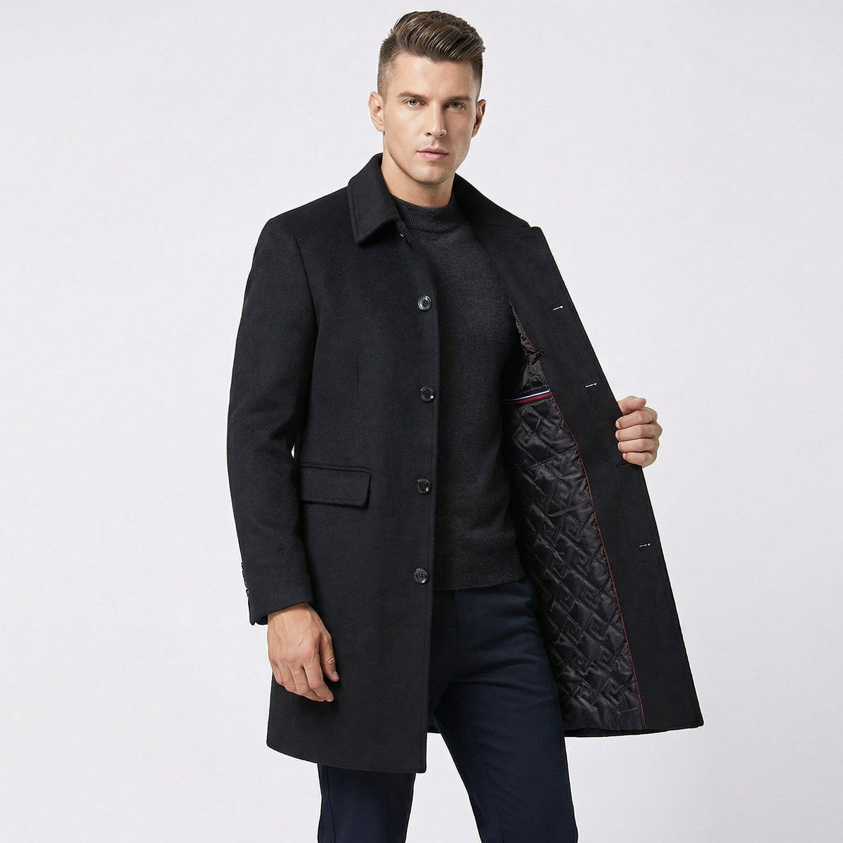 Men's Wool-Blend Single-Breasted Overcoat Mid-Length