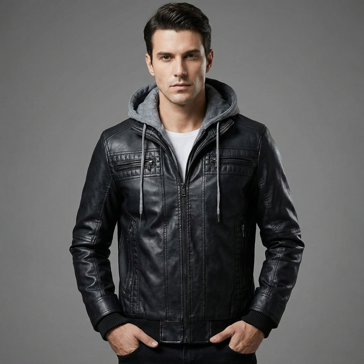 Men's Hooded Leather Zip-Up Jacket Hip-Length