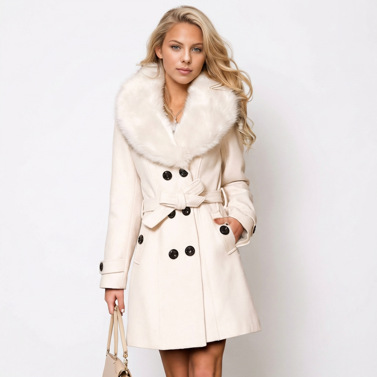 Women's Faux Fur Collar Belted Wool-Blend Coat Mid-Length