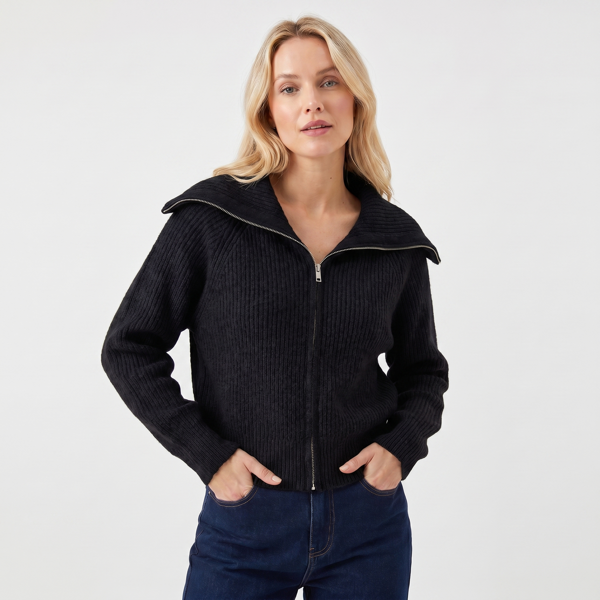 Women's Ribbed Zip-Up Cardigan Hip-Length Spread Collar