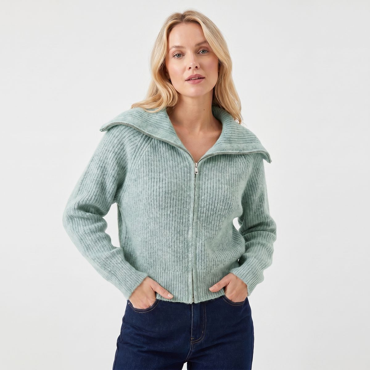 Women's Ribbed Zip-Up Cardigan Hip-Length Spread Collar
