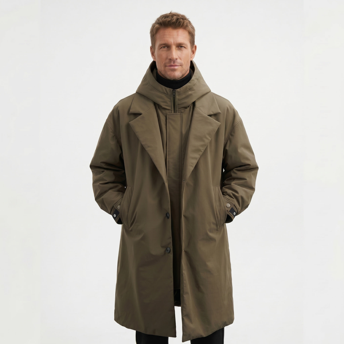Men's Hooded Two-Piece Trench Coat Mid-Length