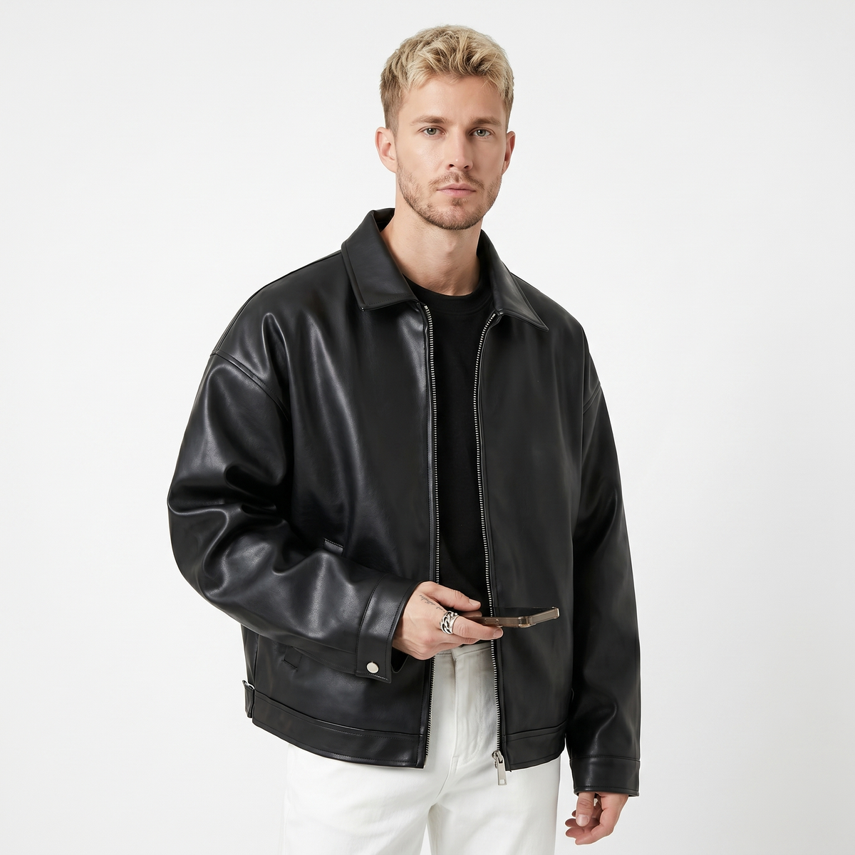 Men's Oversized Faux Leather Biker Jacket Hip-Length