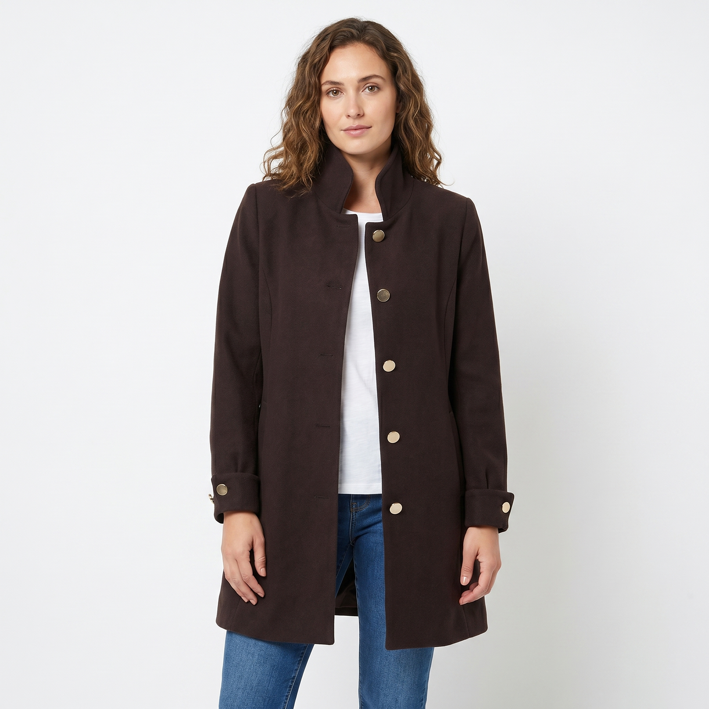 Womens Car Coat – Brushed Single-Breasted Mid-Length