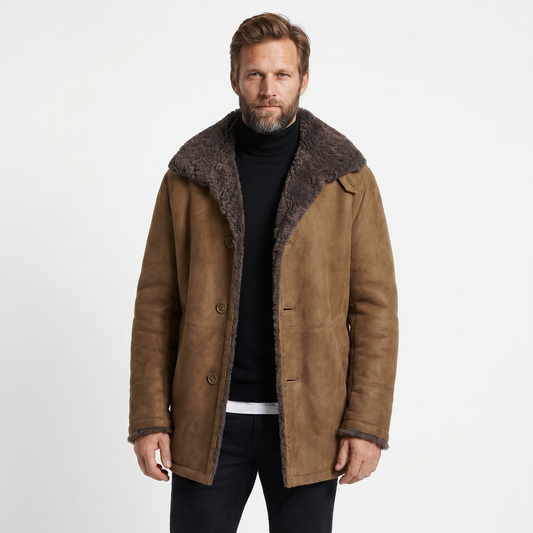Mens Shearling Jacket – Suede Mid-Length Notched Lapel