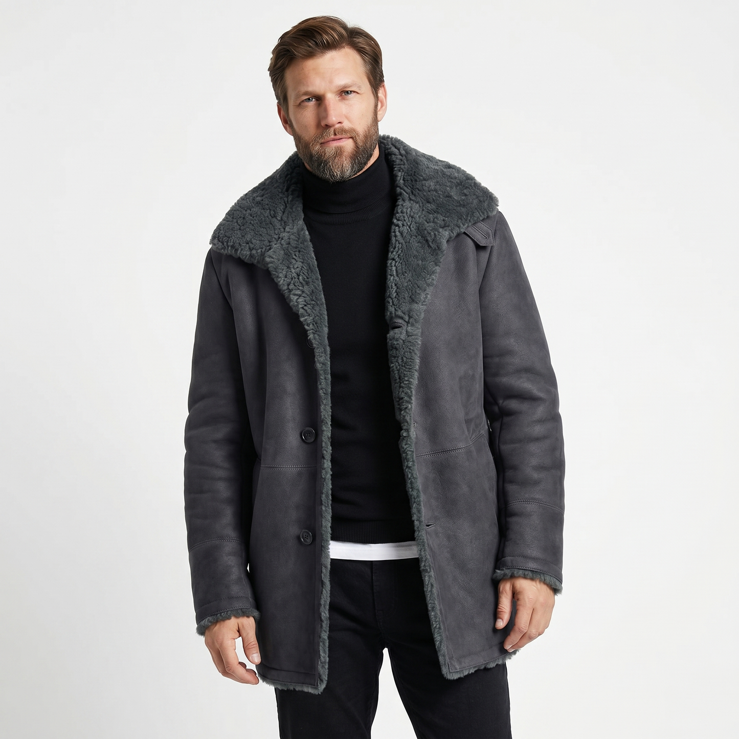 Mens Shearling Jacket – Suede Mid-Length Notched Lapel
