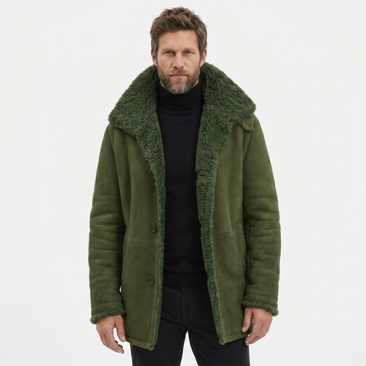 Mens Shearling Jacket – Suede Mid-Length Notched Lapel