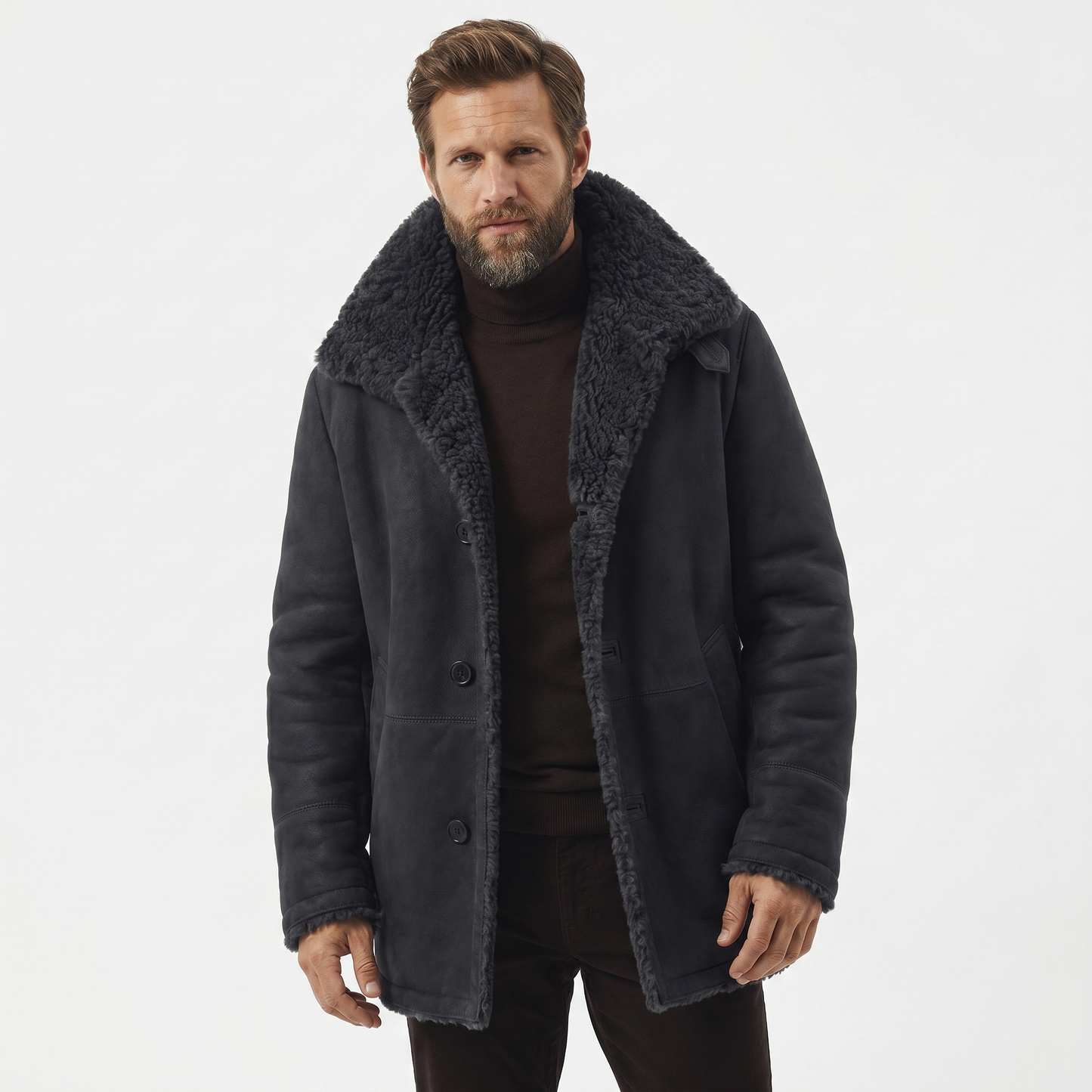 Mens Shearling Jacket – Suede Mid-Length Notched Lapel