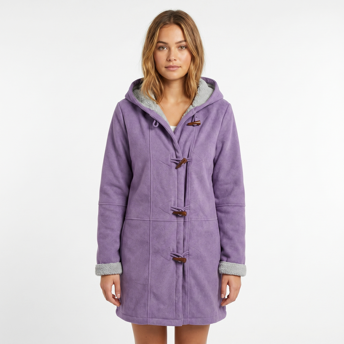 Womens Shearling Coat – Suede Hooded Toggle Front