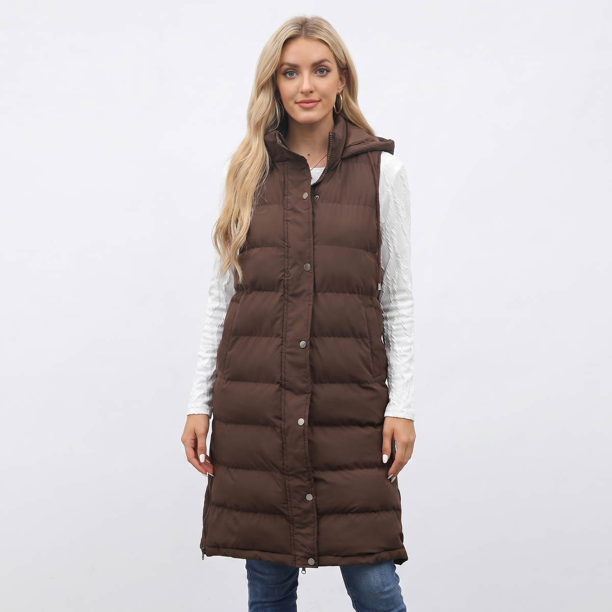 Womens Longline Puffer Vest – Hooded Quilted Snap Front