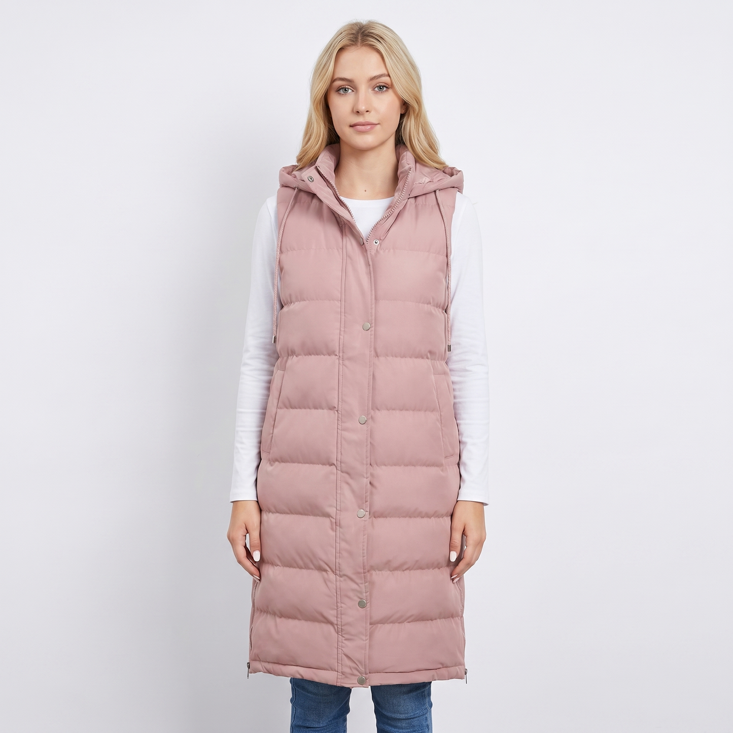 Womens Longline Puffer Vest – Hooded Quilted Snap Front