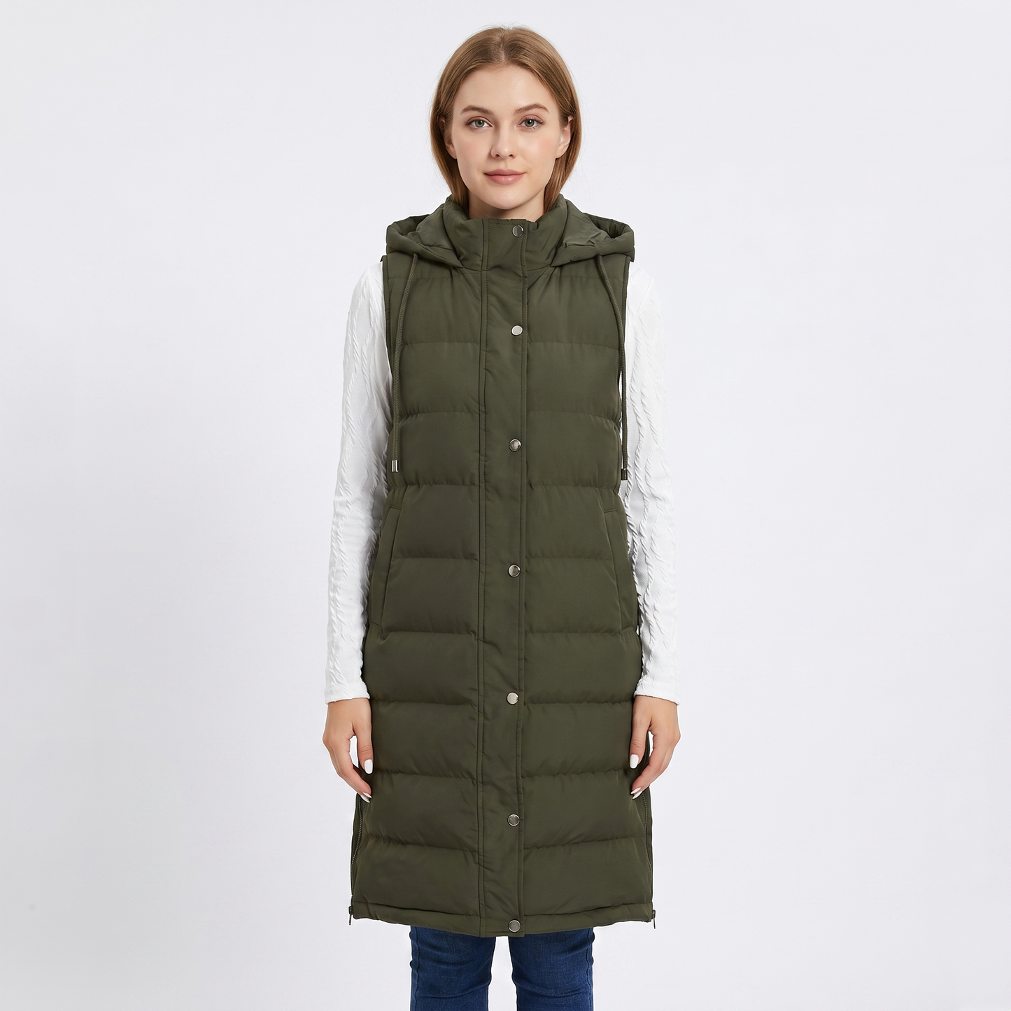 Womens Longline Puffer Vest – Hooded Quilted Snap Front
