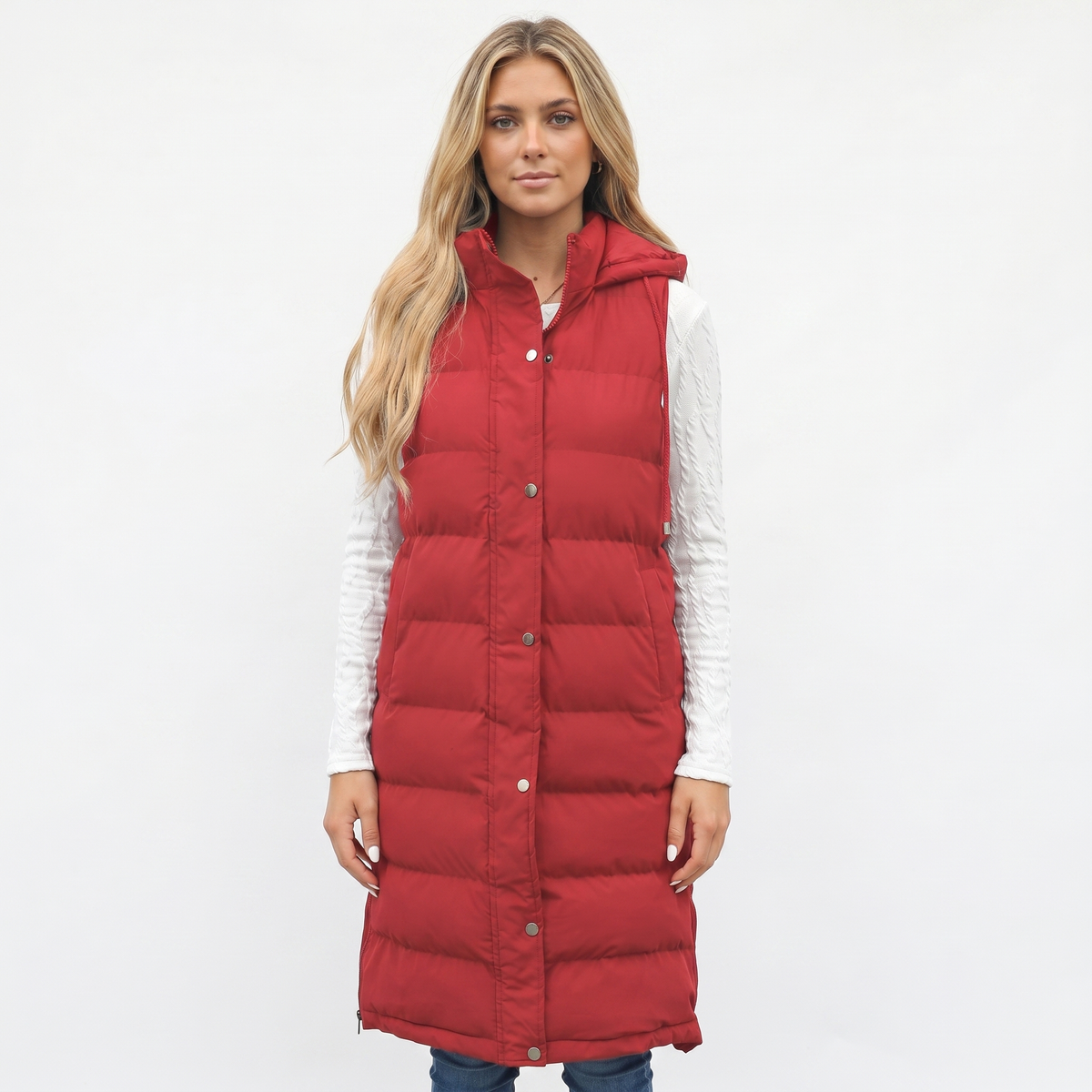 Womens Longline Puffer Vest – Hooded Quilted Snap Front
