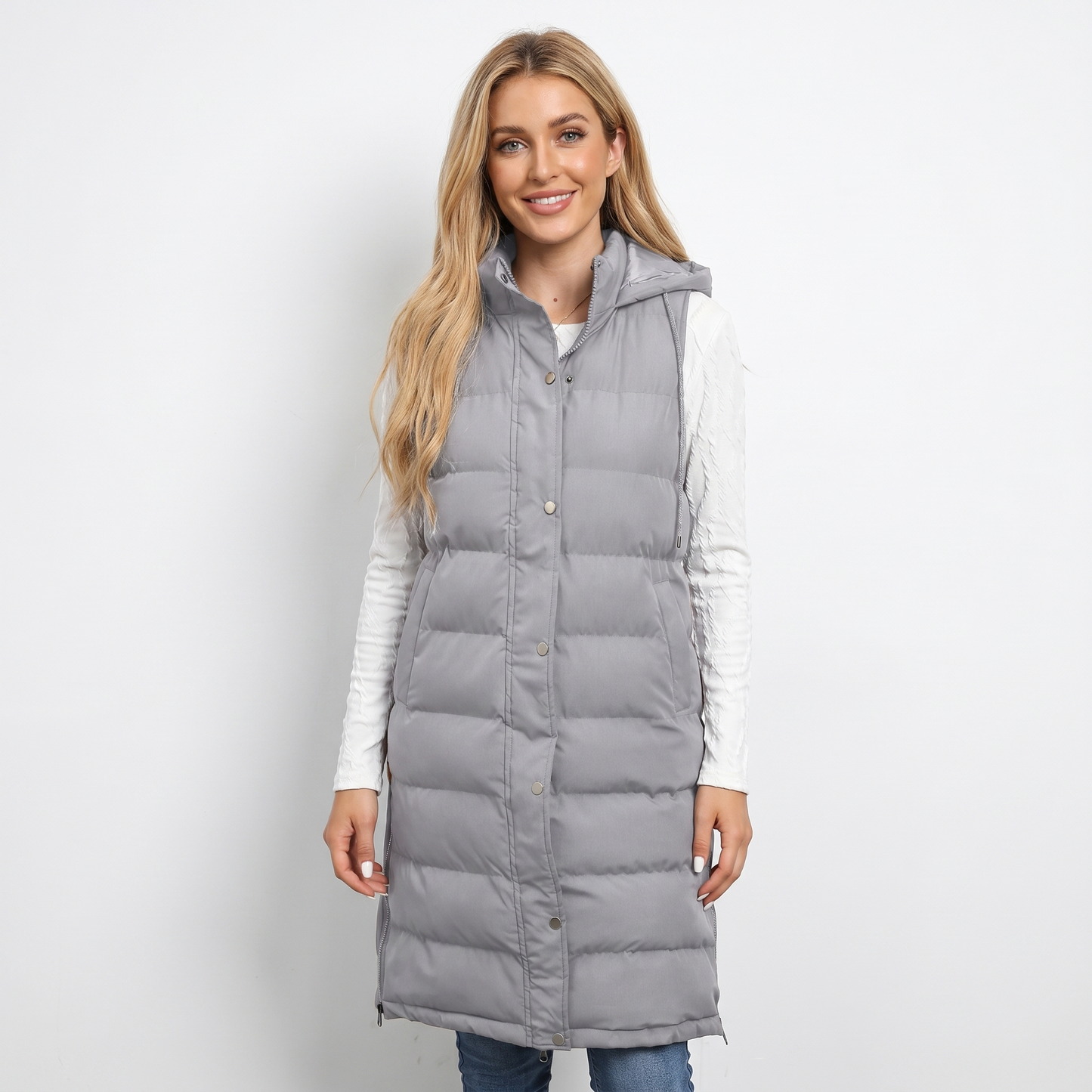 Womens Longline Puffer Vest – Hooded Quilted Snap Front