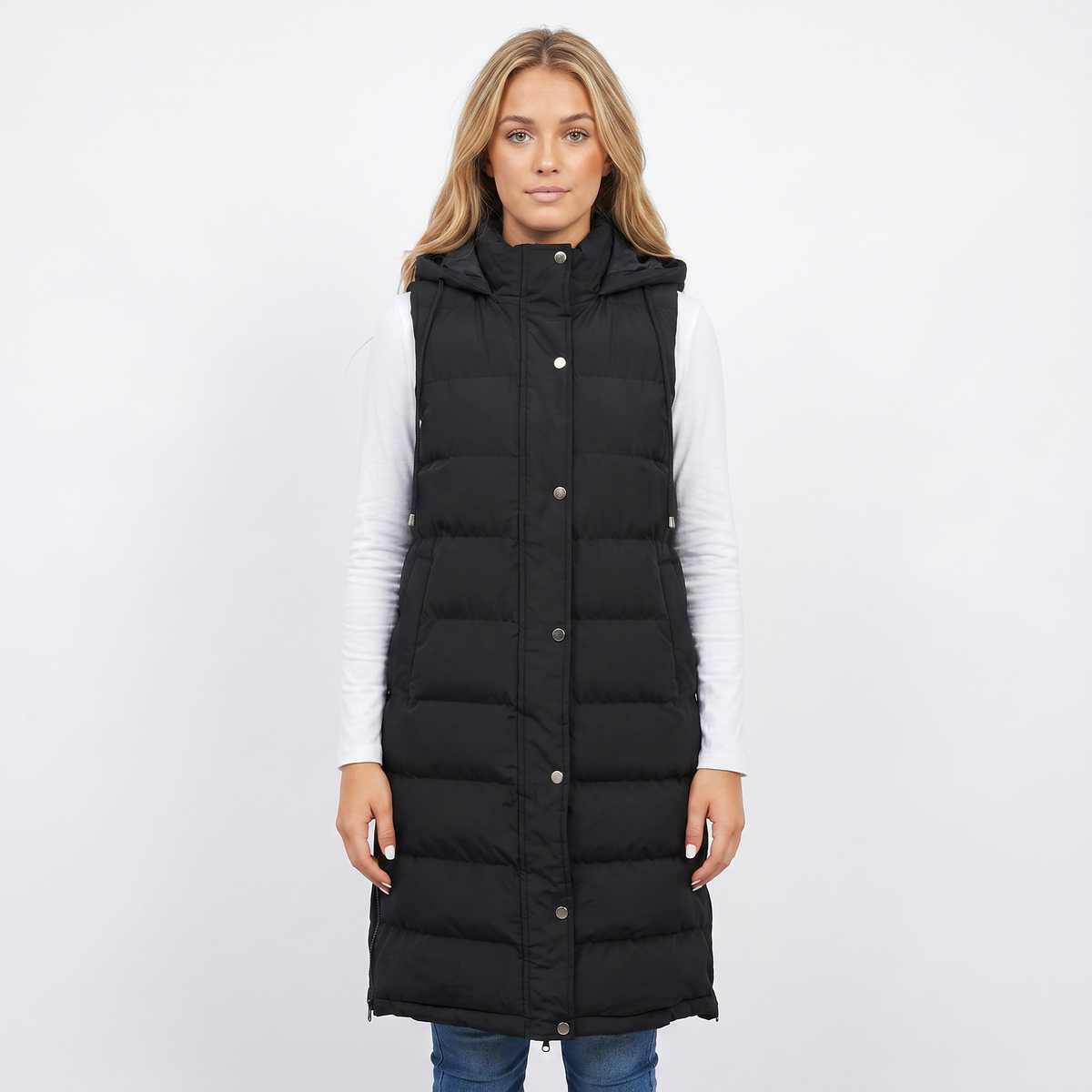 Womens Longline Puffer Vest – Hooded Quilted Snap Front