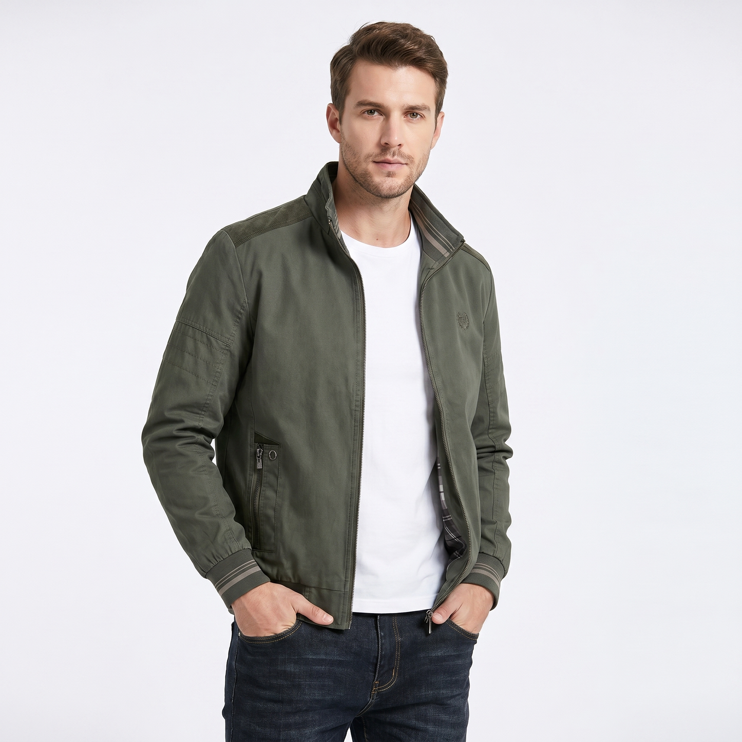 Mens Bomber Jacket – Twill Stand Collar Plaid Lined