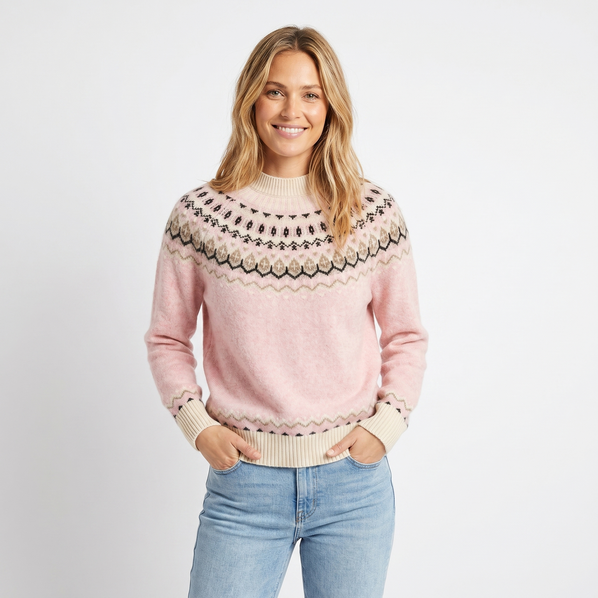 Women's Fair Isle Cashmere Mock-Neck Sweater Hip-Length