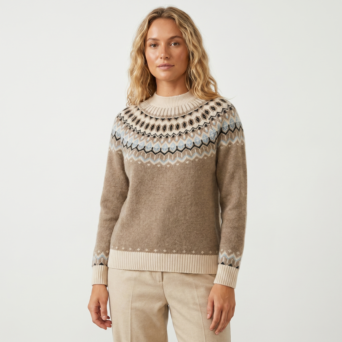 Women's Fair Isle Cashmere Mock-Neck Sweater Hip-Length