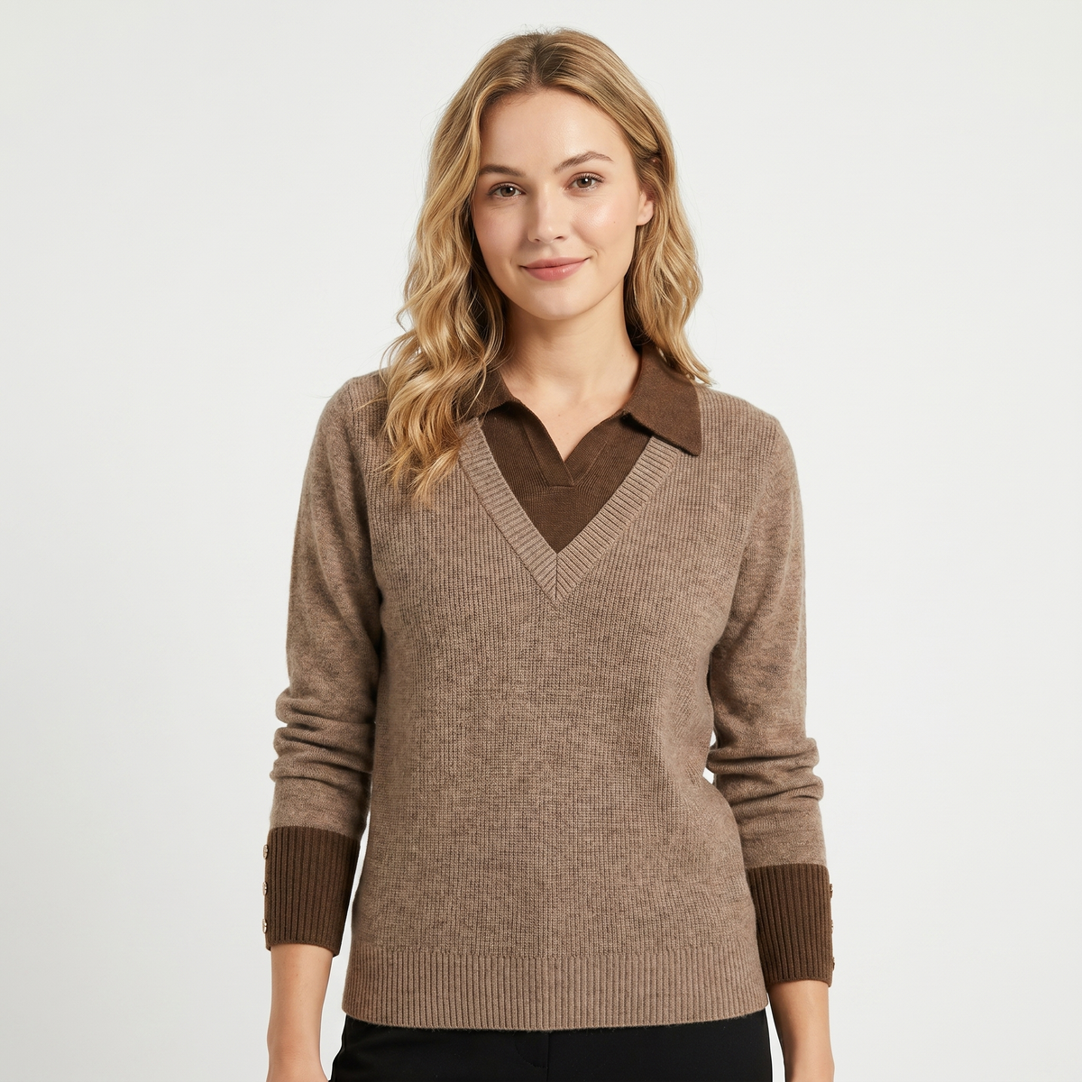 Womens Sweater – V Neck Faux Layered Shirt Collar