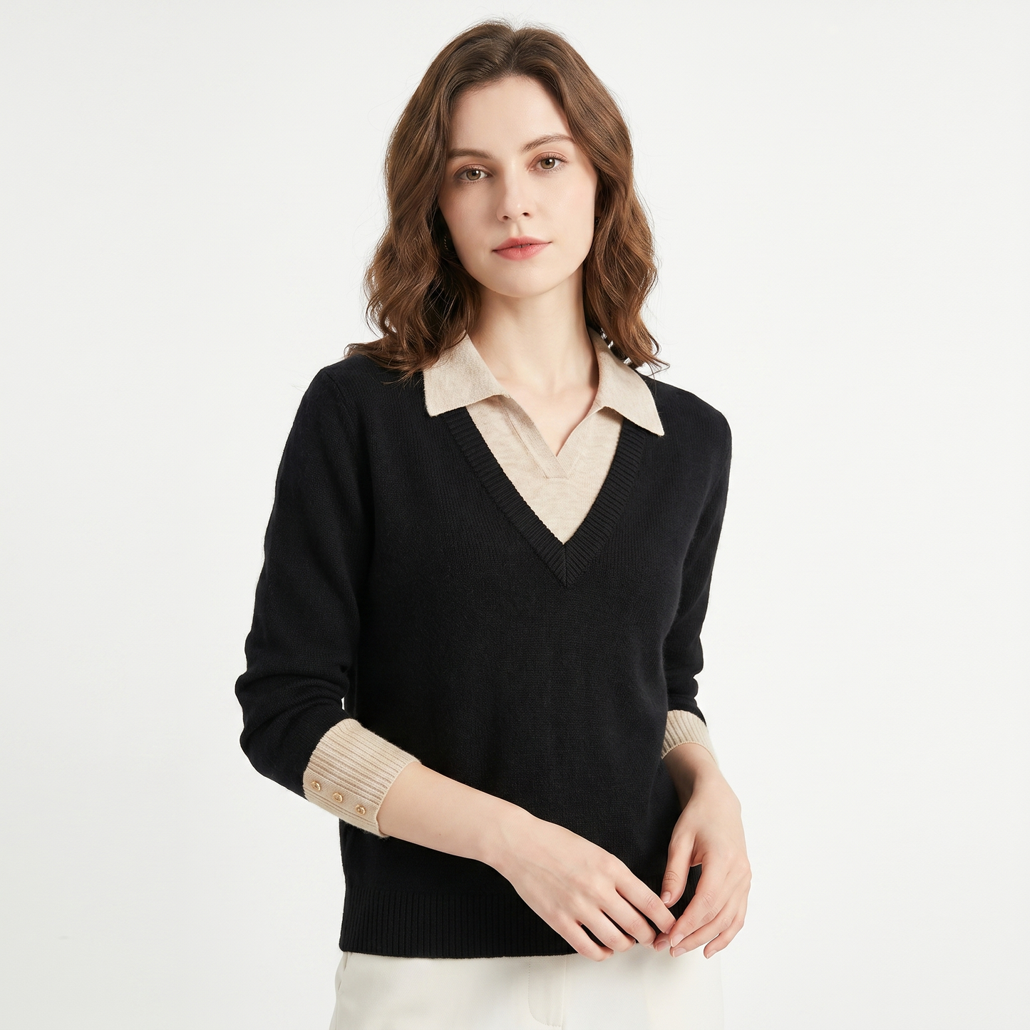 Womens Sweater – V Neck Faux Layered Shirt Collar